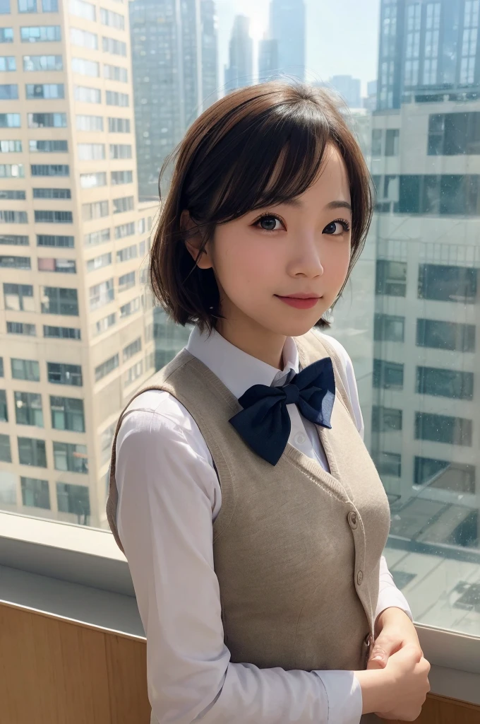 1girl, matured female, vest, bow, photo, realistic, best quality, hires, detailed face, office, buildings from window, detailed background, diffused sunlight, depth of field, bokeh
