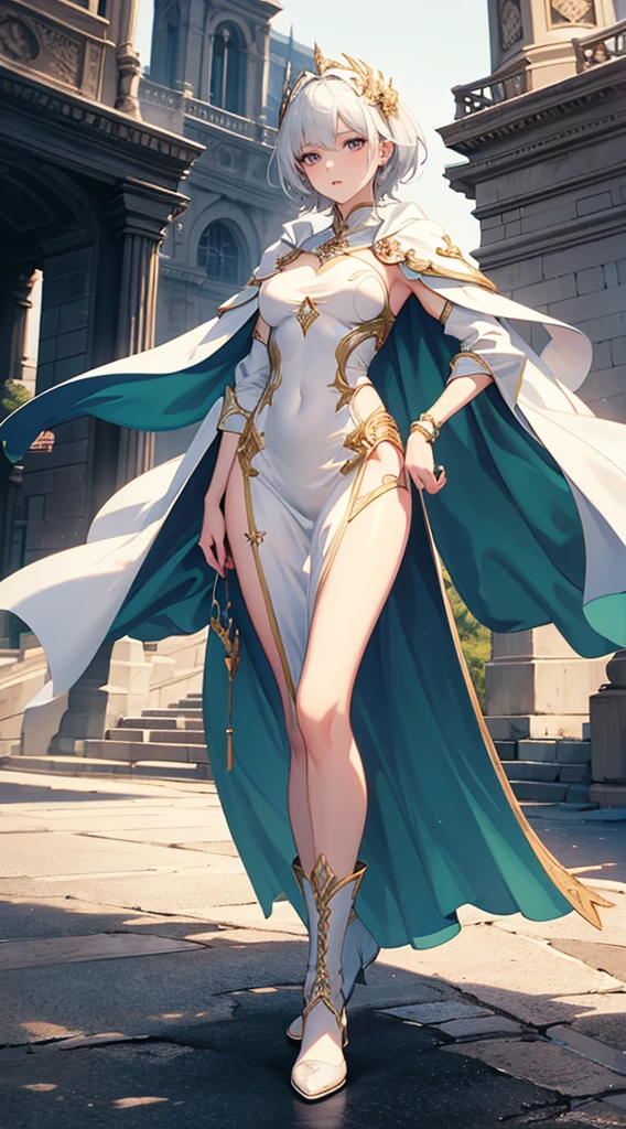 Highest quality、masterpiece、8K、Realistic、超High resolution、Very delicate and beautiful、High resolution、Fantasy、Perfect female body、mature woman、White Hair、short Hair、Toned body、Cape、Clothing with low exposure、pants、boots、cigarette、Full body emphasis、Simple Background、knight、