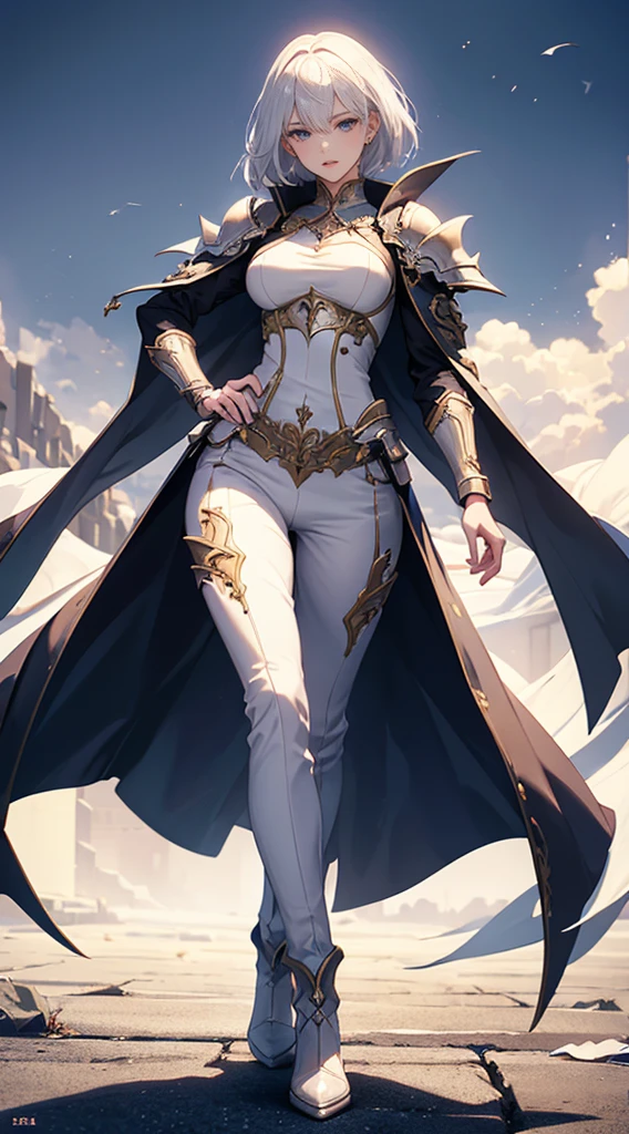 Highest quality、masterpiece、8K、Realistic、超High resolution、Very delicate and beautiful、High resolution、Fantasy、Perfect female body、mature woman、White Hair、short Hair、Toned body、Cape、Clothing with low exposure、pants、boots、cigarette、Full body emphasis、Simple Background、knight、