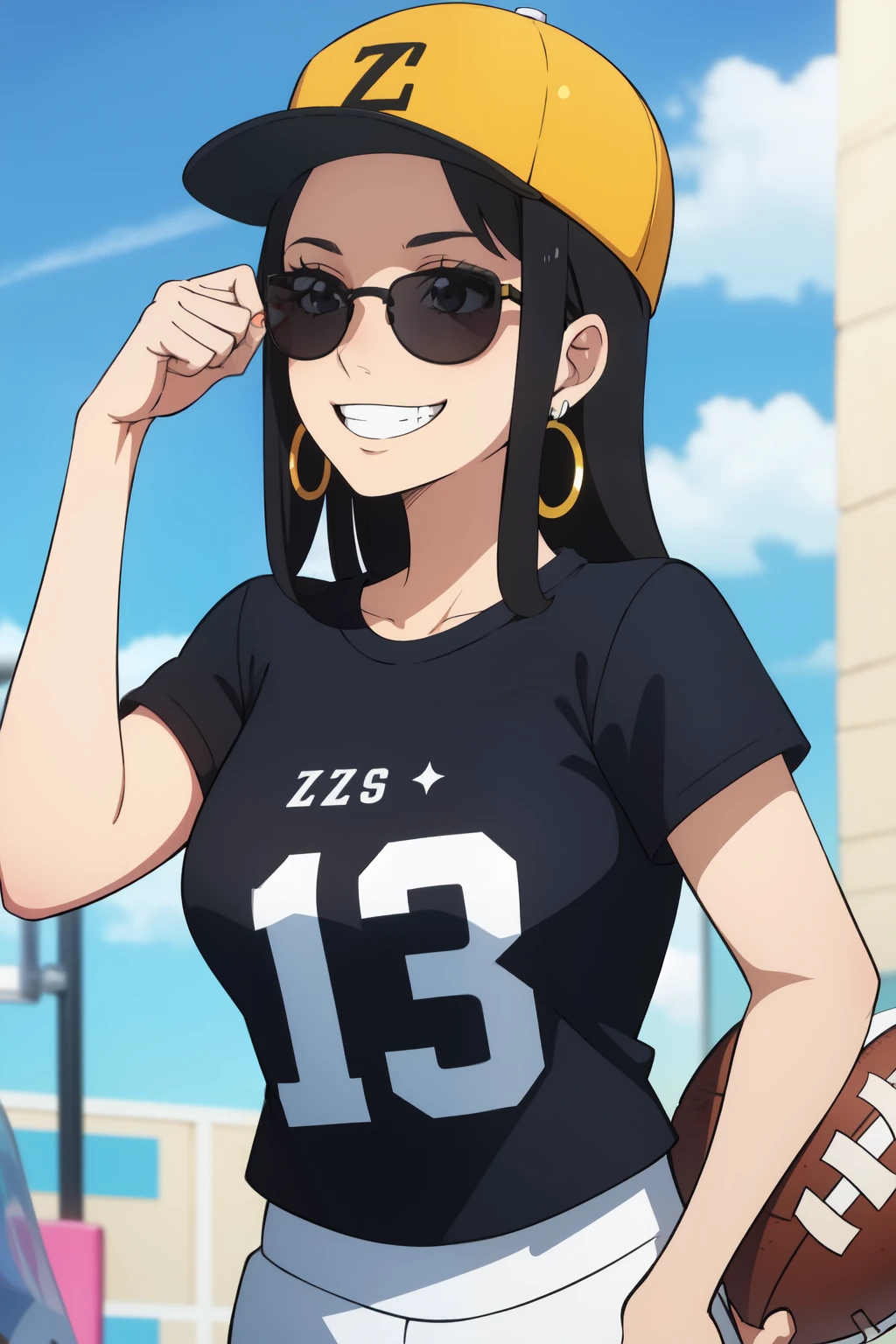 one girl, black long hair with no bang, grin, wearing sun-glasses, wearing big hoop earings, wearing T shirt with only a "Z" on it, grabbing an American football in right hand, grabbing some cash in left hand, background is K line chart