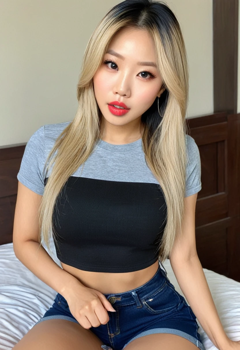 Woman, Asian American, very attractive, big lips, blonde highlights, straight hair, big tits, fully clothed, tight baby tee,