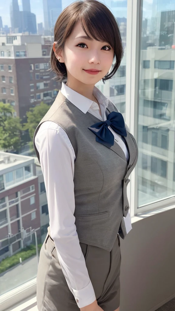 1girl, matured female, vest, bow, photo, realistic, best quality, hires, detailed face, office, buildings from window, detailed background, diffused sunlight, depth of field, bokeh