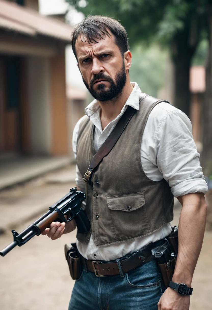 A rugged man have a gun on his hand and he looks very angry