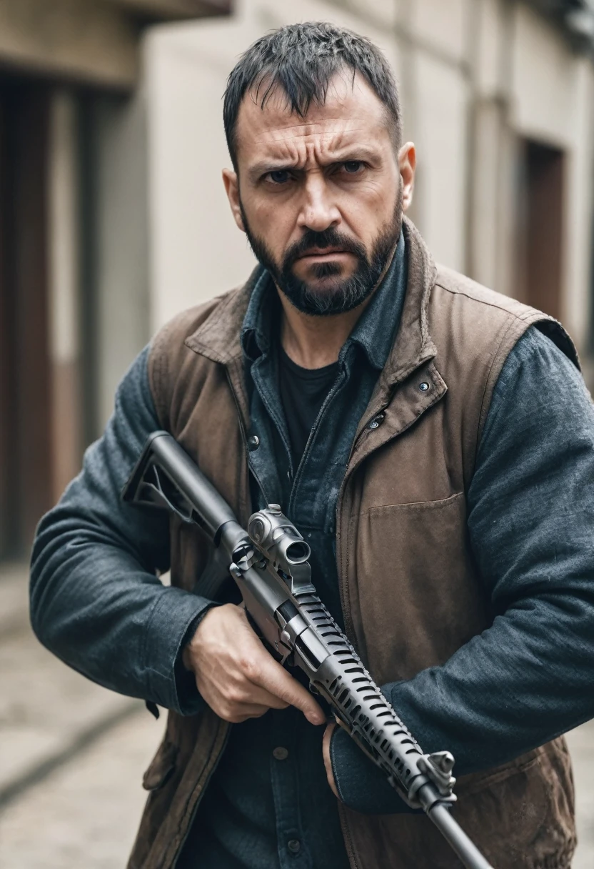 A rugged man have a gun on his hand and he looks very angry