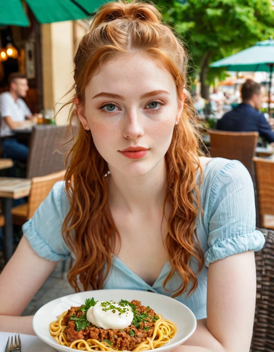 photography full body portrait of very beautiful realistic girl, 16-years-old, sit in outdoor restaurant, eating Italian food, porcelain skin, very fair skin, very pale skin, redhead, wavy, ponytail, detail skin texture, hazel eyes, slanted eyes, small nose, small nostril, think curved eyebrow, thick bottom lip, seductive gaze, happy face, unique face, wear casual dress, detail photo, realistic photo, master piece picture, sharp picture, outdoor clear daylight