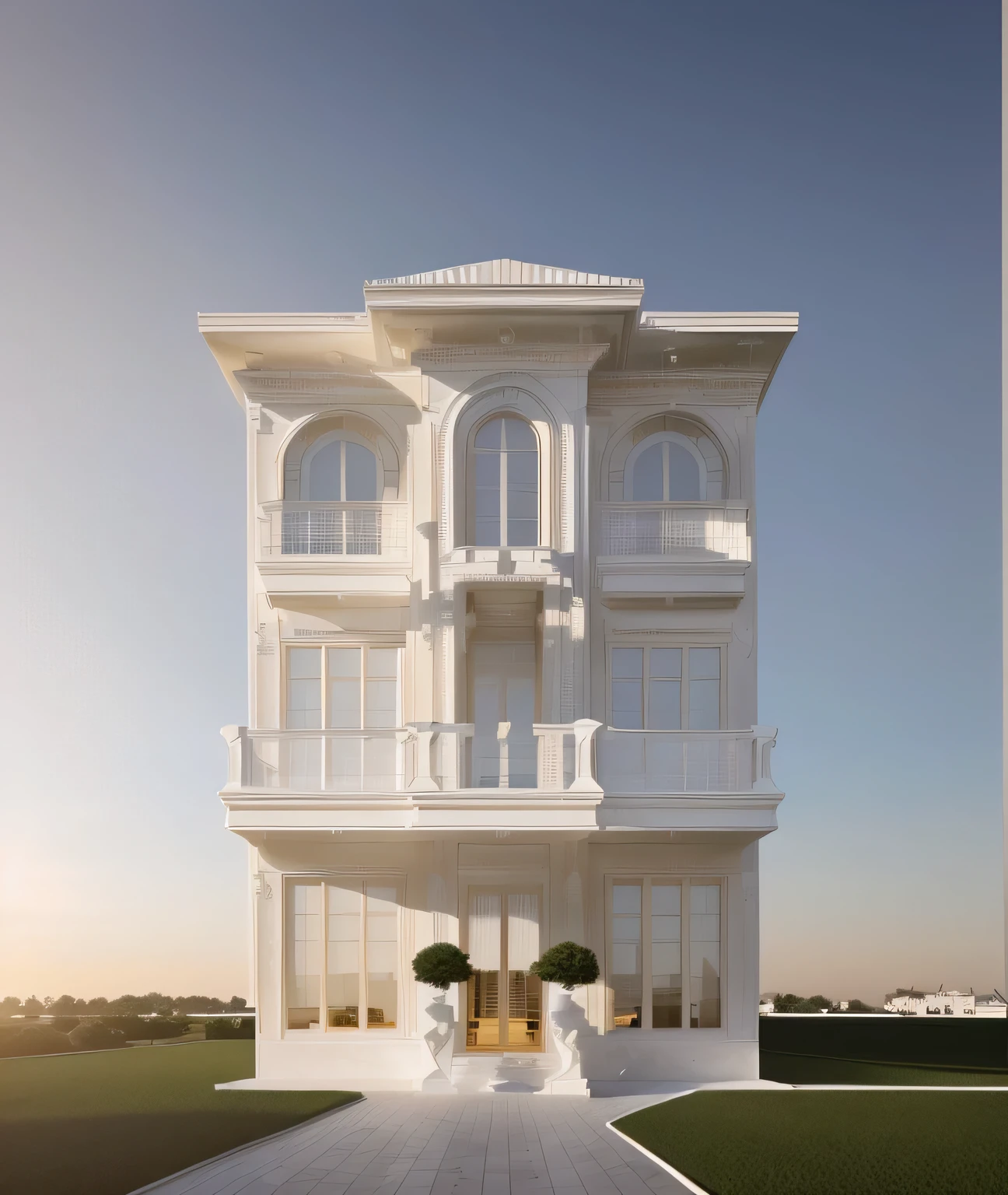 a rendering of a large white building with a black roof, neo - classical style, luxury architecture, neoclassical style, stunning grand architecture, exquisite architecture, exterior design, stunning architecture, elegant architecture, neoclassicism style, beautiful architecture, highly detailed architecture, classicism style, luxury hd render, beatiful house, great architecture, classicism artstyle, classical style