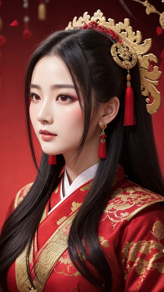 Chinese ancient style handsome girl,frontal close-up,facial close-up,black long hair,wearing ancient Chinese red wedding clothes,wedding clothes with patterns,red petals flying in the air,the background is a gorgeous wedding palace,delicate facial features,details painting,fantasy art,animation aesthetics, HD 8 --ar 9:16 --niji 5