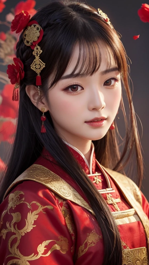 Chinese ancient style handsome girl,frontal close-up,facial close-up,black long hair,wearing ancient Chinese red wedding clothes,wedding clothes with patterns,red petals flying in the air,the background is a gorgeous wedding palace,delicate facial features,details painting,fantasy art,animation aesthetics, HD 8 --ar 9:16 --niji 5