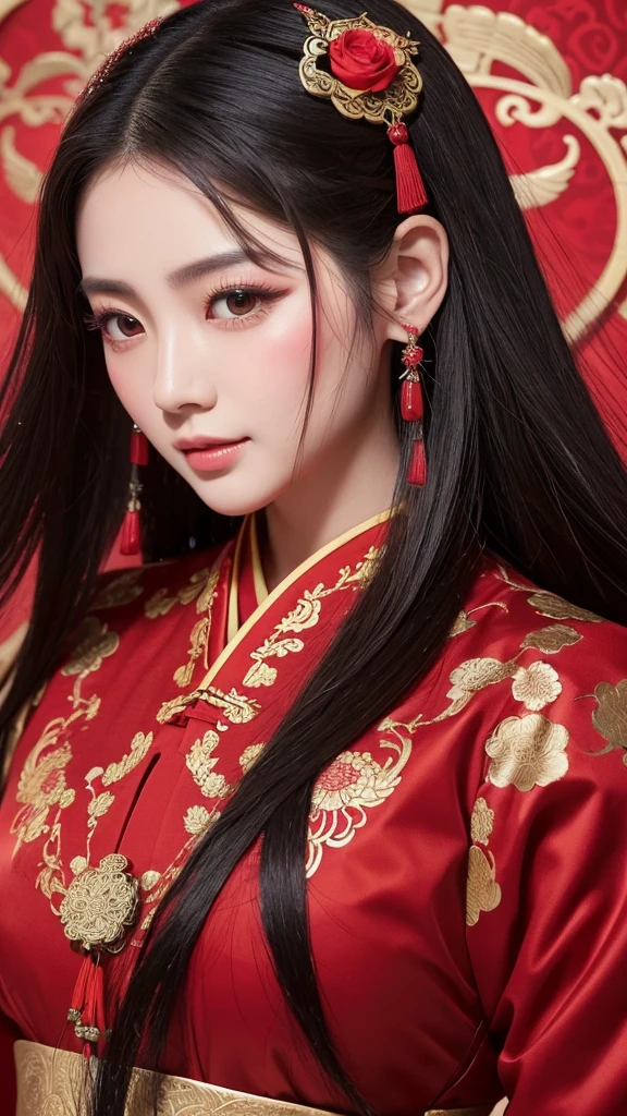 Chinese ancient style handsome girl,frontal close-up,facial close-up,black long hair,wearing ancient Chinese red wedding clothes,wedding clothes with patterns,red petals flying in the air,the background is a gorgeous wedding palace,delicate facial features,details painting,fantasy art,animation aesthetics, HD 8 --ar 9:16 --niji 5