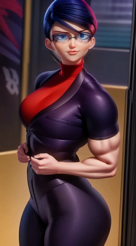 a muscular female bodybuilder in (( red bra inside (office suit) and her hair is (gradient of dark blue and red) from end to the right side of head)), detailed face, beautiful detailed eyes, beautiful detailed lips, ((extremely detailed face and muscles)), long eyelashes, strong muscles bulging through suit, dynamic pose, professional studio lighting, hyperrealistic, 8k, high quality, photorealistic, physically-based rendering, concept art, dramatic color palette,((abs)).