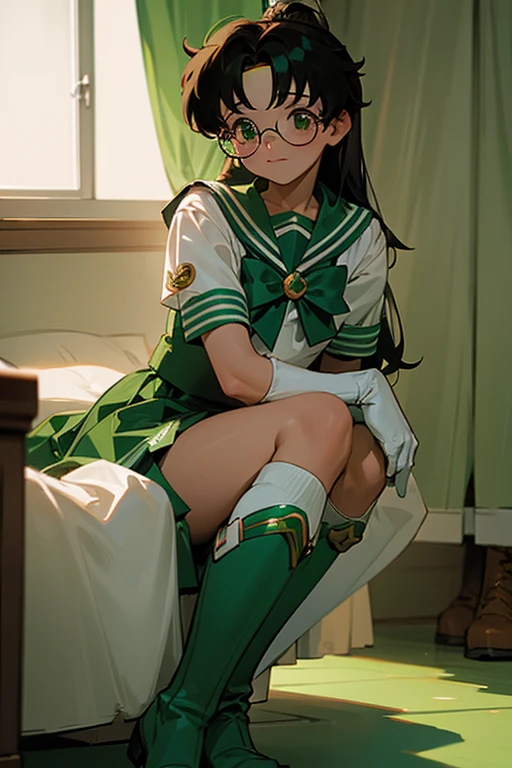 A tall, black-haired, freckled girl with glasses dressed as Sailor Jupiter, shyly wearing white gloves and green boots in her room.