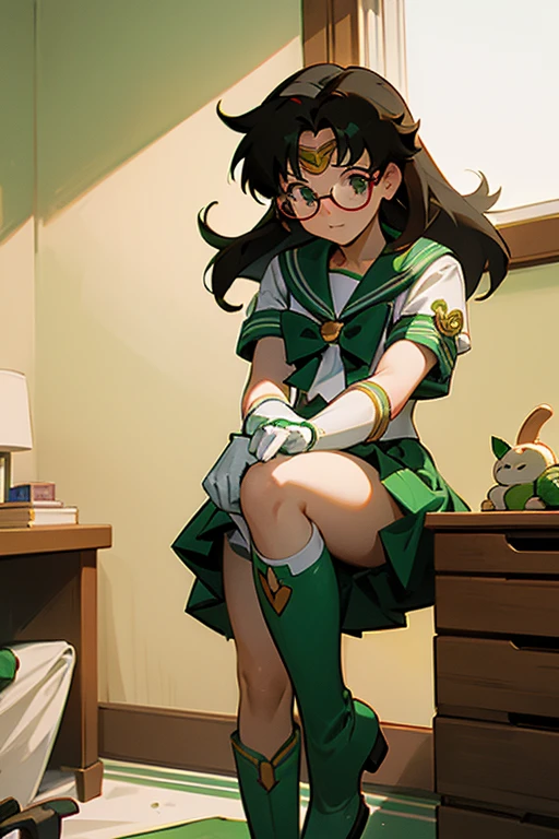 A black-haired, freckled, glasses-wearing girl dressed as Sailor Jupiter wearing green boots and white gloves with a shy expression at the Comiket venue