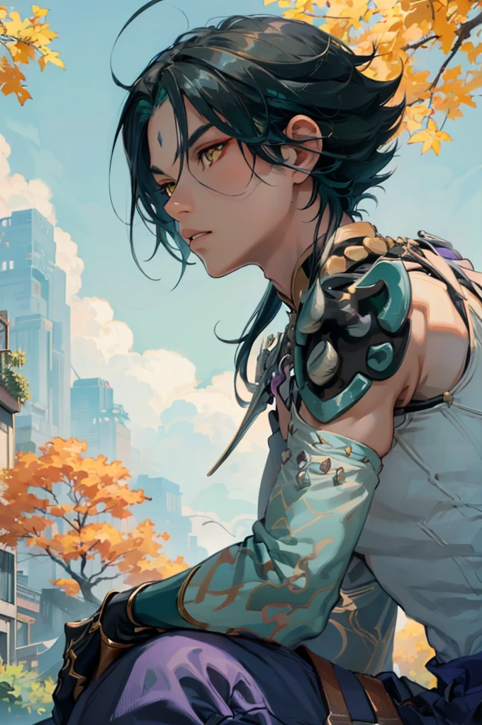 1 adult male solo,xiao \(genshin impact\), 1boy, male focus, short dark teal hair, yellow eyes, white sleeveless shirt, necklace, green tattoo on arm, detached white sleeve, black gloves, wide blue pants, black boots, pink and purple clothes details, black shoulder armor with spikes, outside, chinese mountains, yellow autumn trees, tree leaf falling, windy weather, dramatic light, movie poster style, cinematic shot, book cover, epic