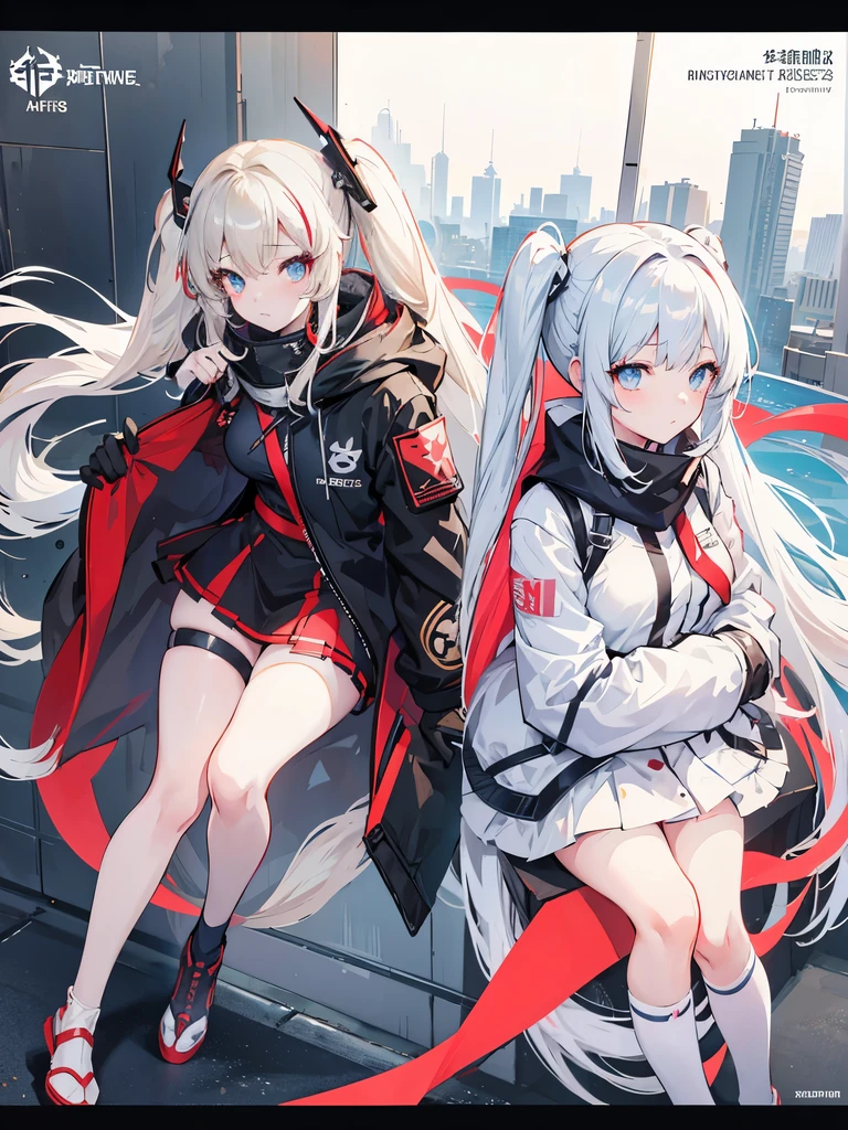 Twin tails Anime-style image of two girls with long hair and hoodies, Hair color: beige, eyes: red、White hair and blue eyes、Kantai Collection Style, Best anime 4k konachan wallpaper, Girls Frontline Style, Anime Style 4k, Twin tails, From Arknights, From Girls Frontline, Twin tails white_gloves, Two beautiful anime girls, guweiz on pixiv artstation, azur lane style, Official artwork