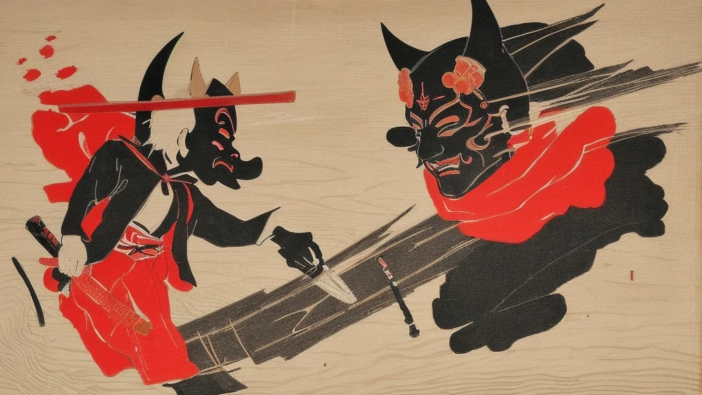 （They are samurai），（Wearing a devil mask），alone，Like the whole body，（Equipped with a long weapon, sharp knife），A wonderful work of art，（（Kyoto woodblock painting style）），Wind effects：1.9，Cloud Effect：1.2，Full Rendering，Caustic soda coating,Japanese