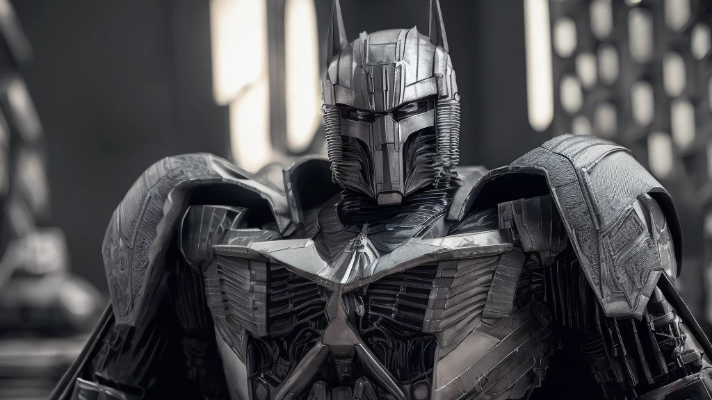 . Transformers, in the style of batman and hr giger, photo realistic, ultra details, natural light, light background, photo, Studio lighting cinematic shot + dynamic composition, incredibly detailed, sharpen, details + intricate detail + professional lighting, film lighting + 35mm + anamorphic + lightroom + cinematography + bokeh + lens flare + film grain