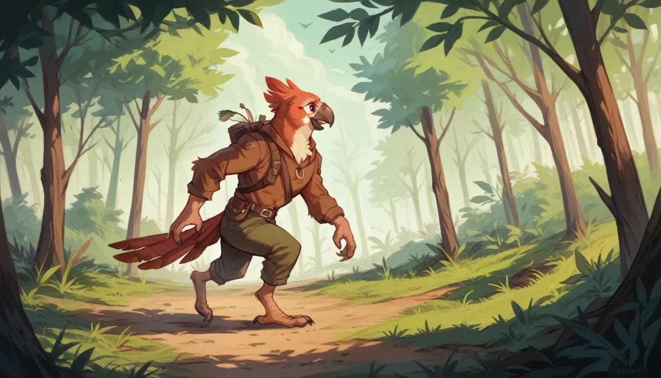A parrot cowBOY WAlKInG IN tHe ForesT HOlDinG A RevOLOvER