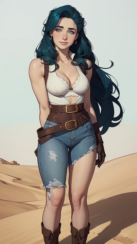 (cartoon style:1.2), Drawings of (Ginevra Molly Weasley), he used to smile, perfect green eyes, face detailed, White background, fun pose, seducing gaze,Full body wearing the Sanserina uniform, beautiful medium breasts and wonderful body cartoon style digital illustration. Wearing pantiesJennifer Connelly , , white bra, green vest, sleeveless, へそ, blue jeans, Brown boots, gloves fingerless, short gloves, slightly-smile, shorth hair, wavy hair, parted bangs, blue colored eyes, wart under the right eye, old american west, sunny desert background, waist belt, best quality, Obra de arte Jennifer Connelly