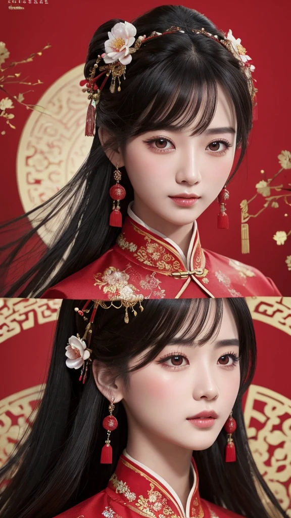 Chinese ancient style handsome girl,frontal close-up,facial close-up,black long hair,wearing ancient Chinese red wedding clothes,wedding clothes with patterns,red petals flying in the air,the background is a gorgeous wedding palace,delicate facial features,details painting,fantasy art,animation aesthetics, HD 8 --ar 9:16 --niji 5