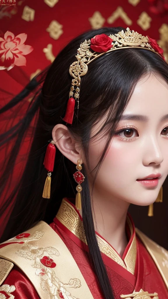 Chinese ancient style handsome girl,frontal close-up,facial close-up,black long hair,wearing ancient Chinese red wedding clothes,wedding clothes with patterns,red petals flying in the air,the background is a gorgeous wedding palace,delicate facial features,details painting,fantasy art,animation aesthetics, HD 8 --ar 9:16 --niji 5