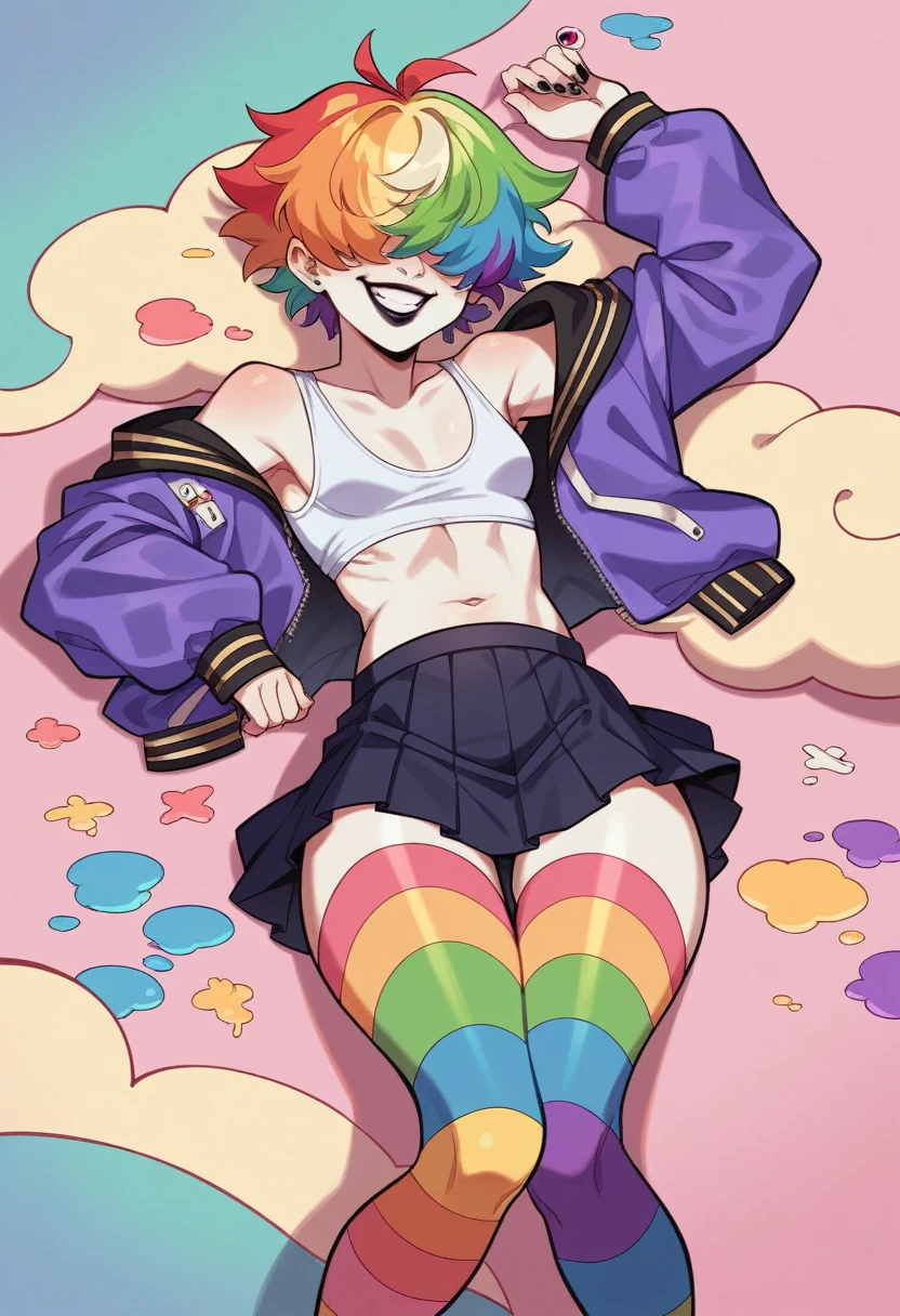 A feminine looking man, rainbow hair, messy chogo, hair that covers the eyes, paint black lips, flirtatious smile, purple mini jacket, fitted white top, purple moni skirt, short rainbow tights, Slim and feminine body..., thick thighs, small breasts, with her very big ass in the air, White skin, being penetrated, lying sexually on a cloud, lgbtq+, pastel colors.