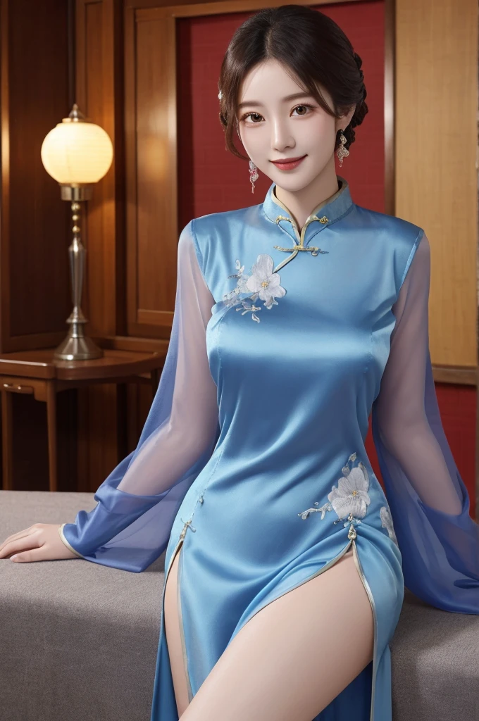 ch30ngs4m_1, best quality, masterpiece, illustration, Practical, photo-Practical, Astonishing, Fine details, Ridiculous, Huge file size, Extremely detailed, high resolution, Extremely detailed CG unity 8k wallpaper, Not suitable for working hours, Sexy, Charming smile,  A young Korean woman, Wearing modified cheongsam, Elegantly situated in a room decorated for the Lunar New Year. This cheongsam is made of blue silk，It is embroidered with silver and lilac flowers. The sleeves are transparent, Skirt front slit，The woman&#39;s hair is tied in a traditional Korean bun, Exquisite facial features，Delicate and real skin，The room is filled with red lanterns and other festive decorations. Soft lighting brings a warm glow to the scene.