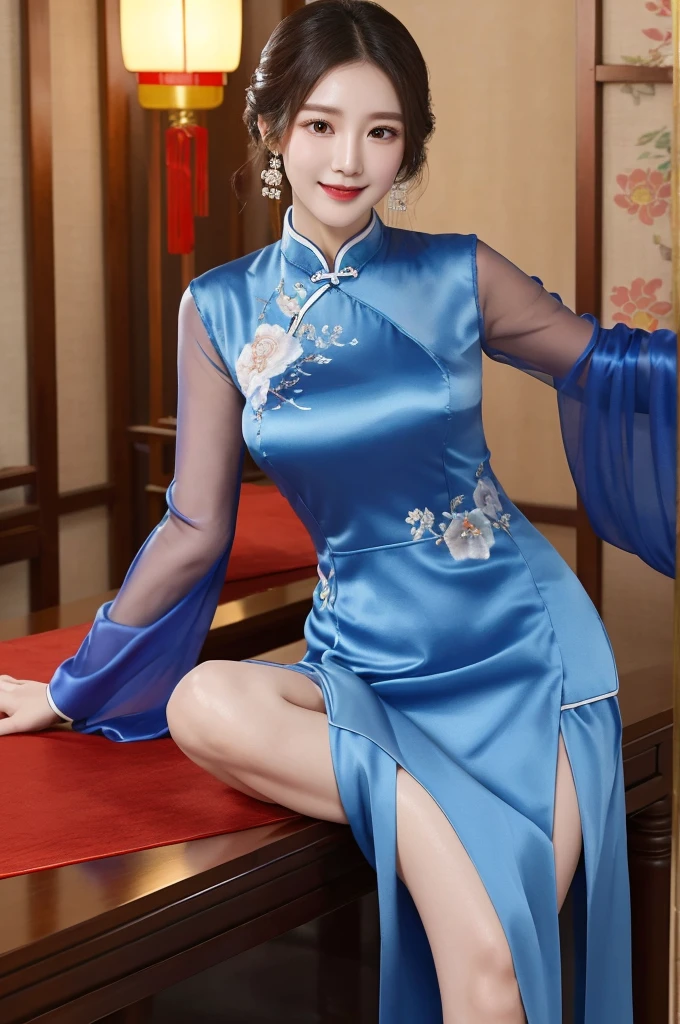 ch30ngs4m_1, best quality, masterpiece, illustration, Practical, photo-Practical, Astonishing, Fine details, Ridiculous, Huge file size, Extremely detailed, high resolution, Extremely detailed CG unity 8k wallpaper, Not suitable for working hours, Sexy, Charming smile, A young Korean woman, Wearing modified cheongsam, Elegantly situated in a room decorated for the Lunar New Year. This cheongsam is made of blue silk,It is embroidered with silver and lilac flowers. The sleeves are transparent, Skirt front slit,The woman's hair is tied in a traditional Korean bun, Exquisite facial features,Delicate and real skin,The room is filled with red lanterns and other festive decorations. Soft lighting brings a warm glow to the scene.