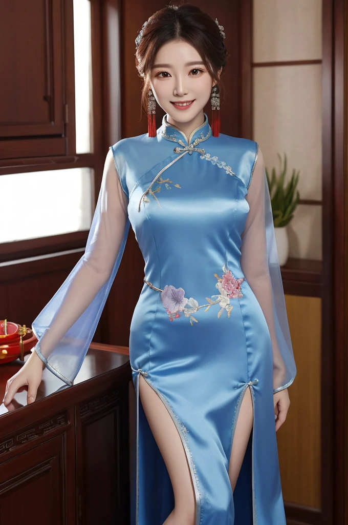 ch30ngs4m_1, best quality, masterpiece, illustration, Practical, photo-Practical, Astonishing, Fine details, Ridiculous, Huge file size, Extremely detailed, high resolution, Extremely detailed CG unity 8k wallpaper, Not suitable for working hours, Sexy, Charming smile, A young Korean woman, Wearing modified cheongsam, Elegantly situated in a room decorated for the Lunar New Year. This cheongsam is made of blue silk,It is embroidered with silver and lilac flowers. The sleeves are transparent, Skirt front slit,The woman's hair is tied in a traditional Korean bun, Exquisite facial features,Delicate and real skin,The room is filled with red lanterns and other festive decorations. Soft lighting brings a warm glow to the scene.