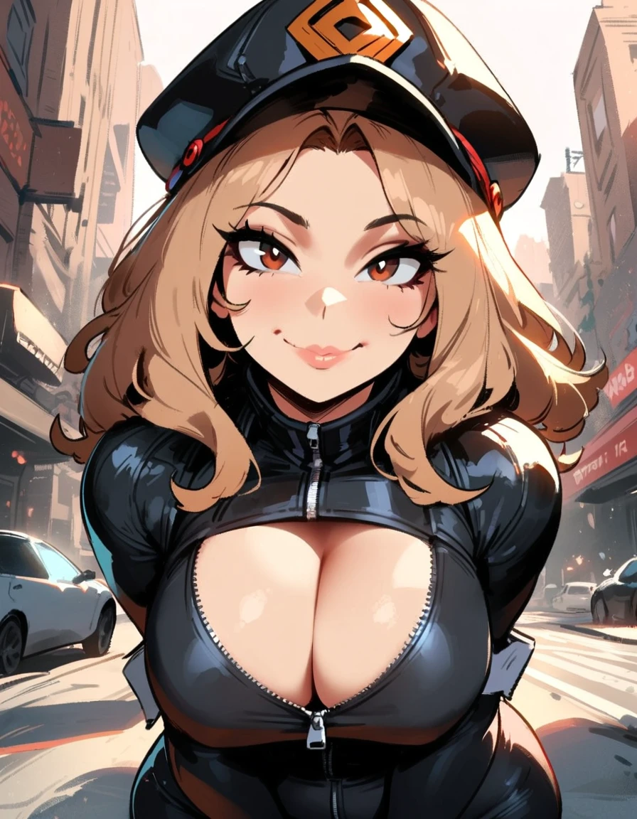 (best quality:1.3), (qualidade 4K), Camie Utsushimi por Boku no Hero, sozinho, ((corar)), ((Rosto detalhado)), ((body curvy)), (peitos grandes), corpo sexy, ((cidade)), ((Bodysuit decote preto)), ((inclinando-se para a frente)), ((police cap))