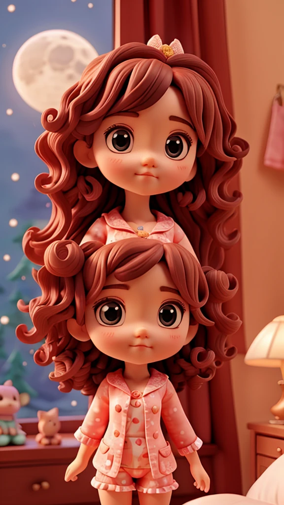 Lulu, a with curly hair and star-patterned pajamas, stands by her bedroom window, gazing at the bright full moon.