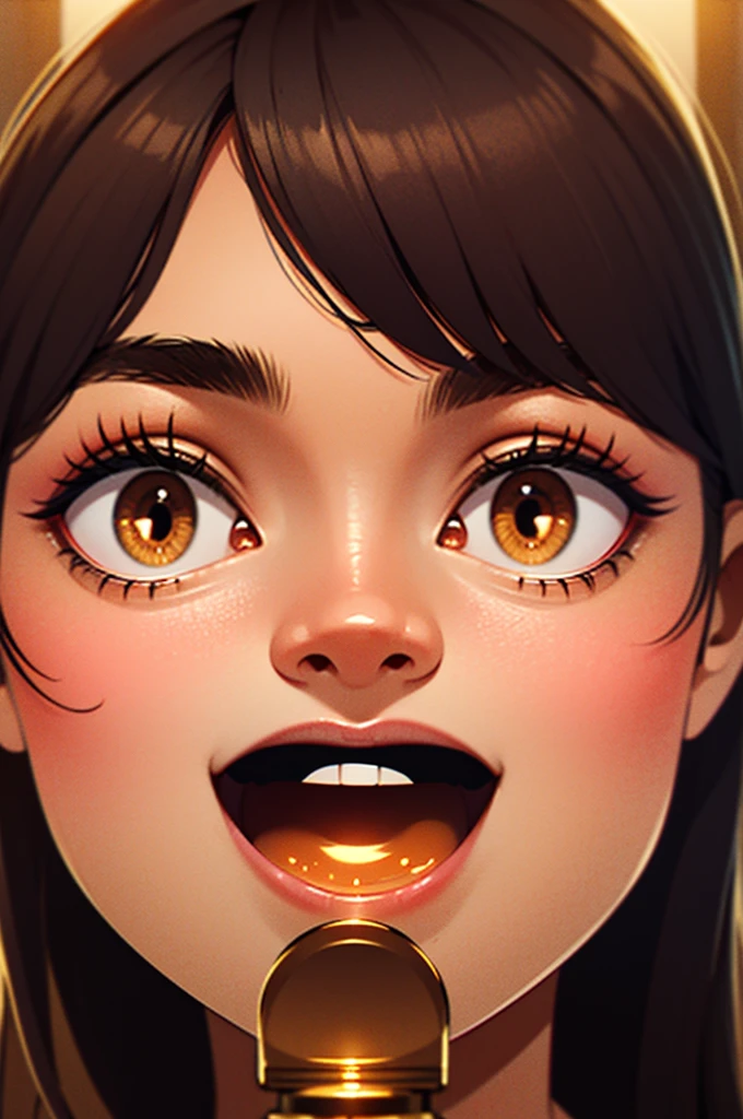 Cute brown skin girl, Orange bangs [With a black shade], Golden Eyes (shining), ultra-realistic eyes, Use a magnifying glass, There is a gold ingot next to the item you are looking for.，Round Face, Realistic lighting, Radiosity, close up.