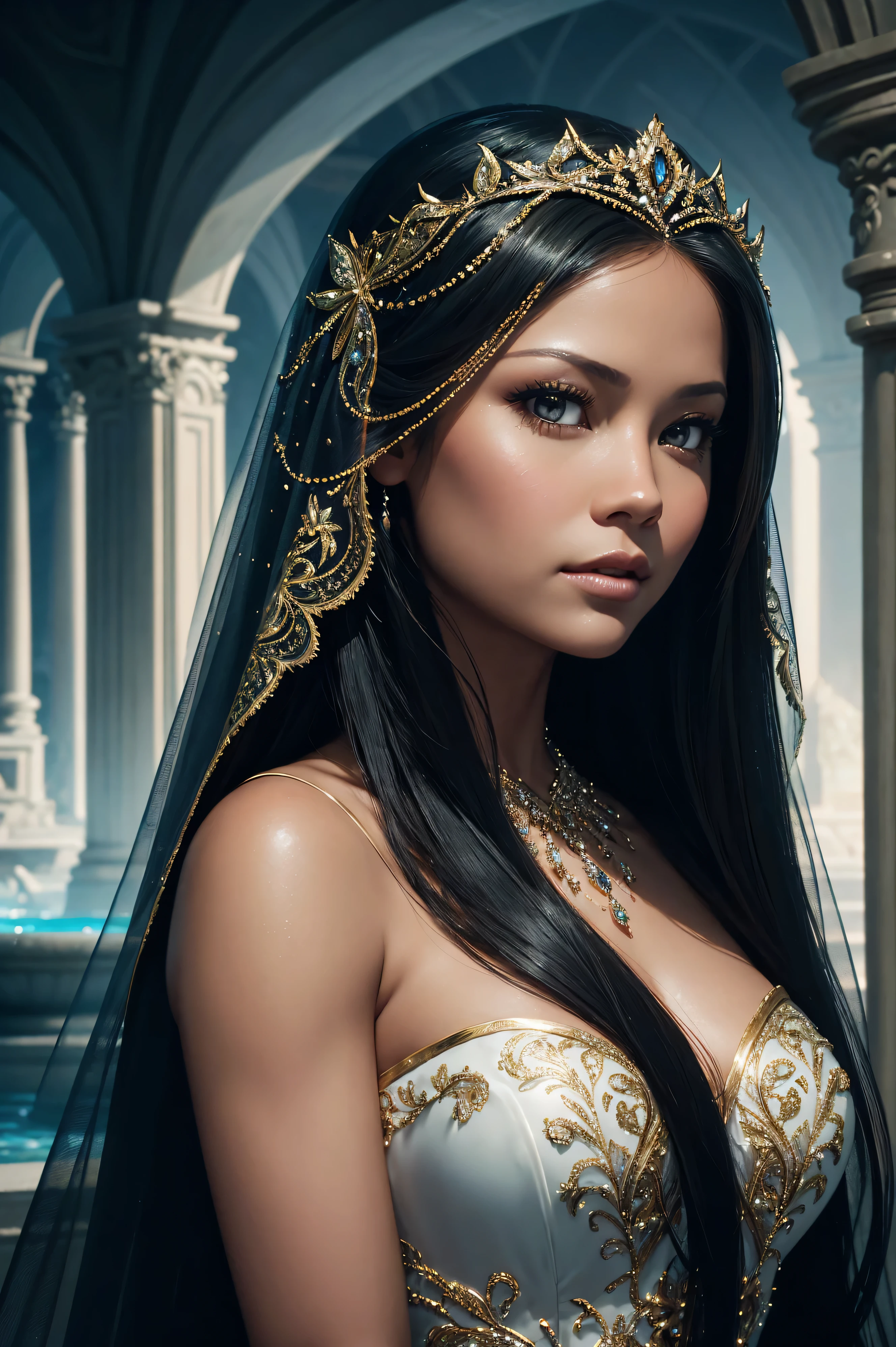 36k, portrait Vanessa Lachey, wearing veil bride tiara costume, aagainst the background of the fountain, character portrait, 7 9 9 0 s, long hair, intricate, elegant, highly detailed, digital painting, artstation, concept art, smooth, sharp focus, illustration, art by wlop, charlie bowater and alexandra fomina