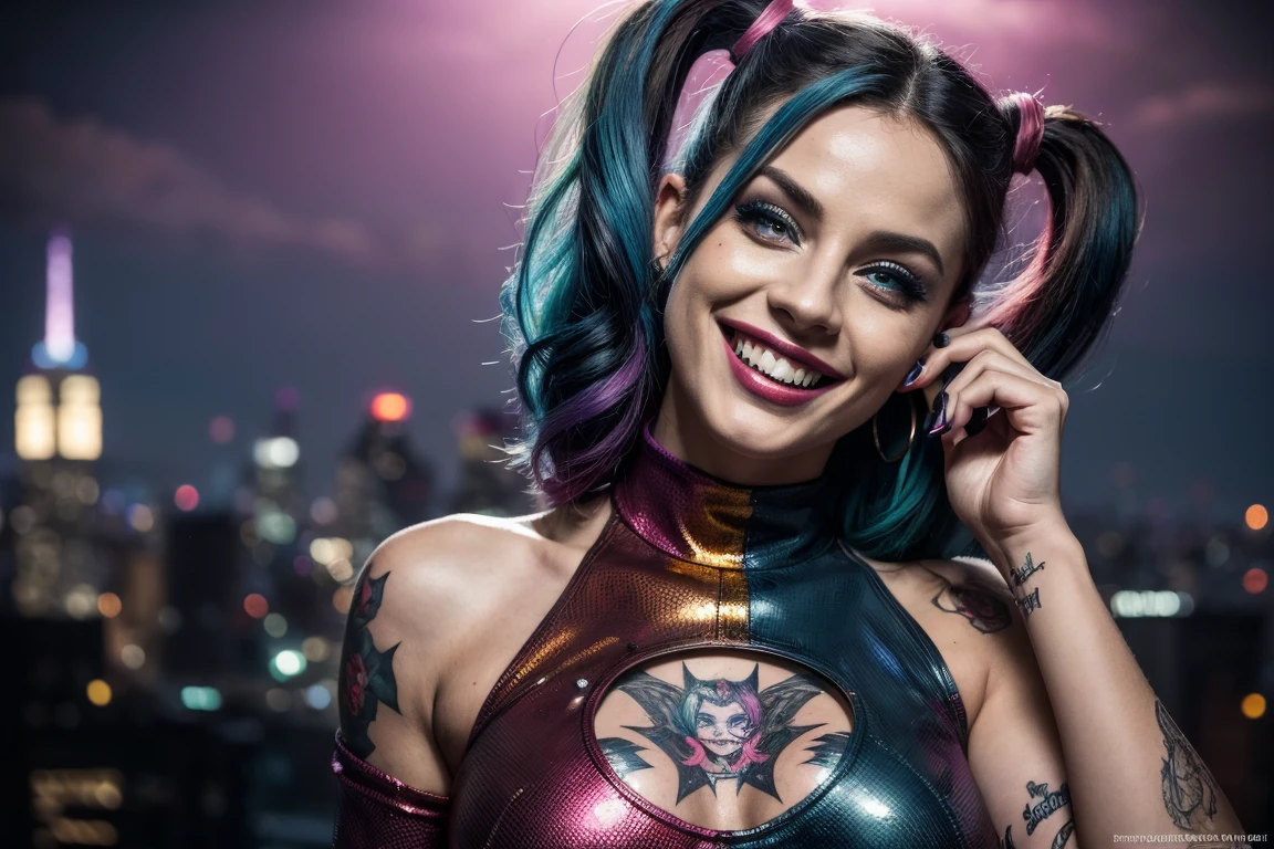 (Best Quality,4k,8k,high resolution,Masterpiece:1.2),ultra detailed,(realist,photorealist,photo-realist:1.37),portrait,comic style,playful,Energetic, vibrant colors, dramatic lighting,seductive, evil smile,Blue and pink color scheme, harley quinn costume,expressive eyes, messy hair,whimsical background, dynamic pose,confident attitude,makeup smeared,sparkling personality,disturbed beauty, iconic bat motif, striking tattoos, rebellious spirit, gotham city skyline,laugh in the face of danger,bold elegance