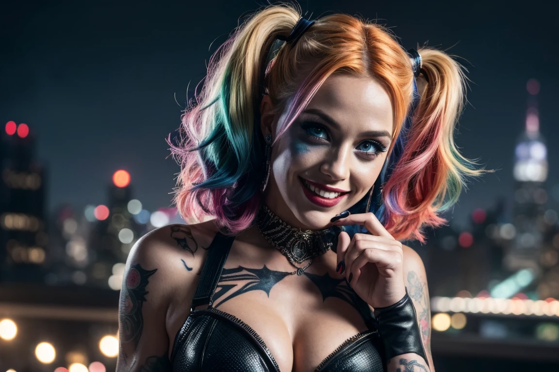 (Best Quality,4k,8k,high resolution,Masterpiece:1.2),ultra detailed,(realist,photorealist,photo-realist:1.37),portrait,comic style,playful,Energetic, vibrant colors, dramatic lighting,seductive, evil smile,Blue and pink color scheme, harley quinn costume,expressive eyes, messy hair,whimsical background, dynamic pose,confident attitude,makeup smeared,sparkling personality,disturbed beauty, iconic bat motif, striking tattoos, rebellious spirit, gotham city skyline,laugh in the face of danger,bold elegance