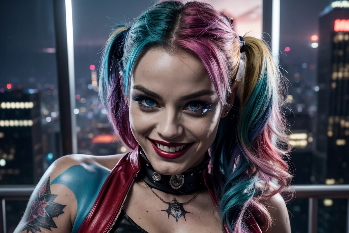 (Best Quality,4k,8k,high resolution,Masterpiece:1.2),ultra detailed,(realist,photorealist,photo-realist:1.37),portrait,comic style,playful,Energetic, vibrant colors, dramatic lighting,seductive, evil smile,Blue and pink color scheme, harley quinn costume,expressive eyes, messy hair,whimsical background, dynamic pose,confident attitude,makeup smeared,sparkling personality,disturbed beauty, iconic bat motif, striking tattoos, rebellious spirit, gotham city skyline,laugh in the face of danger,bold elegance