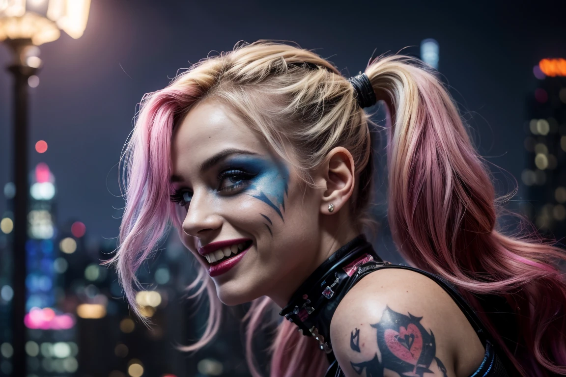 (Best Quality,4k,8k,high resolution,Masterpiece:1.2),ultra detailed,(realist,photorealist,photo-realist:1.37),portrait,comic style,playful,Energetic, vibrant colors, dramatic lighting,seductive, evil smile,Blue and pink color scheme, harley quinn costume,expressive eyes, messy hair,whimsical background, dynamic pose,confident attitude,makeup smeared,sparkling personality,disturbed beauty, iconic bat motif, striking tattoos, rebellious spirit, gotham city skyline,laugh in the face of danger,bold elegance