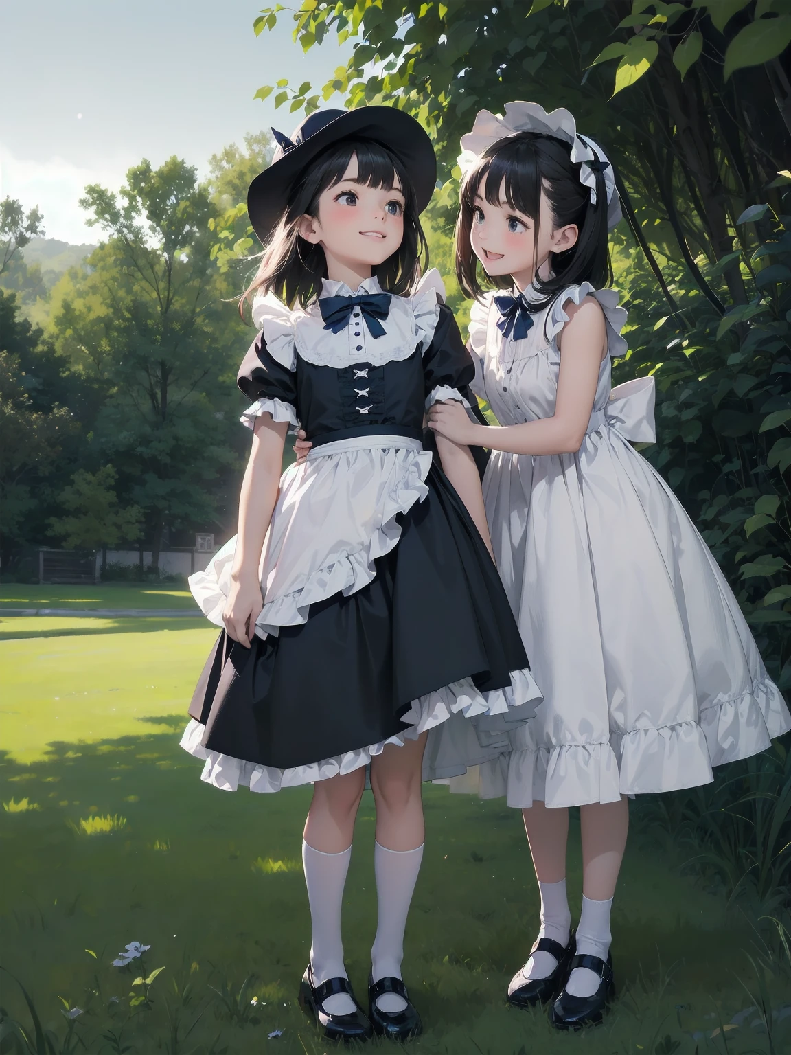 A serene outdoor scene unfolds at dusk, with a brilliant blue sky transitioning into a canvas of twinkling stars. A beautiful young girl, dressed in a stunning white and black gothic maid dress adorned with a navy blue ribbon, stands amidst lush green grass. Her companion, a delightful toddler, dons a charming maid hat with ruby accessories, complemented by black stockings and shoes. The little one beams with joy, smiling brightly as they gaze up at the celestial display together