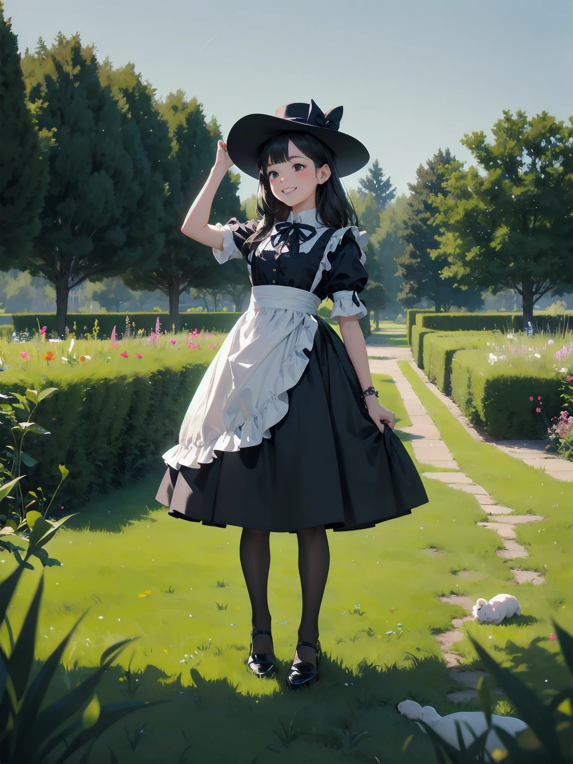 A serene outdoor scene unfolds at dusk, with a brilliant blue sky transitioning into a canvas of twinkling stars. A beautiful young girl, dressed in a stunning white and black gothic maid dress adorned with a navy blue ribbon, stands amidst lush green grass. Her companion, a delightful ddler, dons a charming maid hat with ruby accessories, complemented by black stockings and shoes. The line beams with joy, smiling brightly as they gaze up at the celestial display together