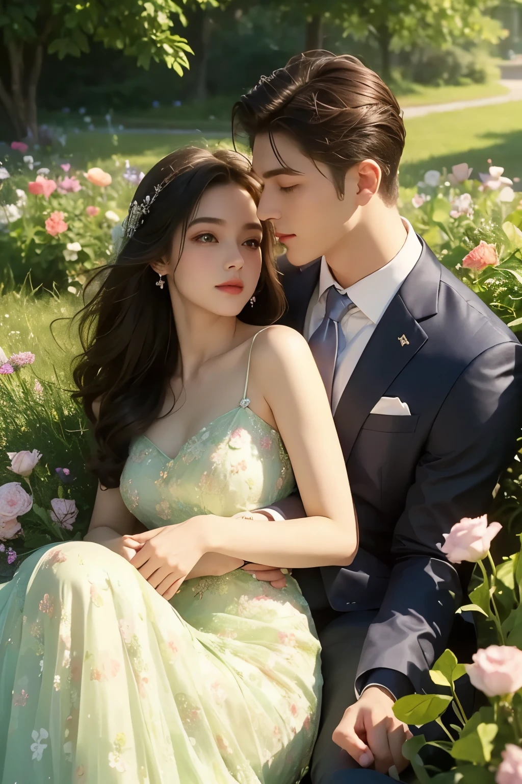 A couple lying in the flowers，Handsome guy hugs beautiful girl from behind，Wearing a dress，Boys in suits，Perfect face perfect hands，Sweet atmosphere，bust