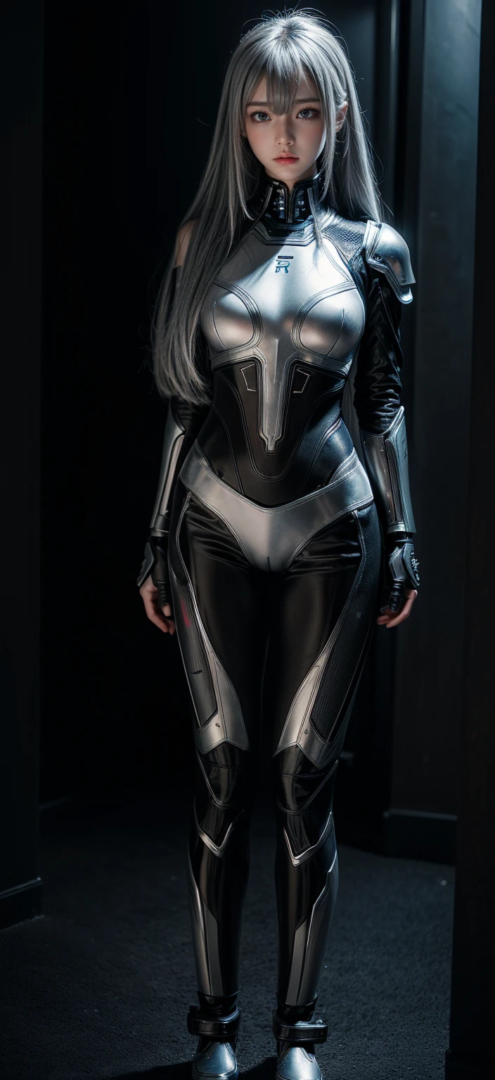 cyber angel,machine wing,laser sword,{{Sci-Fi Armor}},cyber suit,cyberpunk,science fiction,cyber battle armor,Battledress,Military Uniforms,pants,black military uniform,whole body,Height: 168cm,almond shape eyes,{{{{{silver eyes}}}}},{{{{{dull bangs}}}}},(slanted eyes},{{whole body},{{{1 girl}}}, long hair, straight hair,{{{{silver hair}}}},{{{tsurime}}},30 years old,{Medium chest},{{bush}},silver eyes,{{{masterpiece}}}, {{{highest quality}}}, {{Super detailed}}, {shape}, {{very delicate and beautiful}},very detailed,detailed perfect,detailed hyper,Abundant thighs,big ass,black clothes