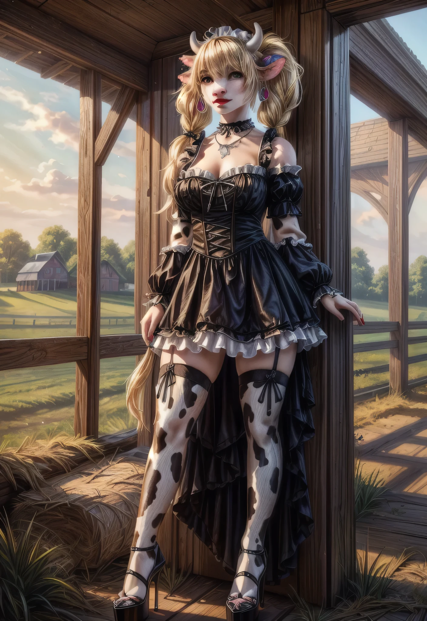 UHD 8k, HDR+, cute blonde anthro female Cow with a necklace, large piercing Karimi eyes, huge earrings, giant earrings, blonde with pigtails, Cow tail, White stockings, Cow hooves on legs, High heels, gothic maid dress, Against the background of a farm, detailed background, realistic, 1girl, solo girl, 20 year old girl, ultra realistic face, hyperrealistic, hyperdetailed, (looking at viewers), sharpen, detailed face, detailed eyes, detailed lips, red lips, beautiful face, 16k, FHD, raw photo, cute face mesh, pretty face mesh, portrait shot 8 k