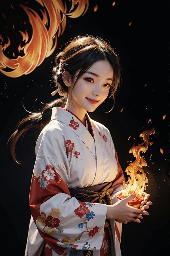 A smiling beautiful woman in a kimono with flames in both hands, controlling flames against a background of burning flames