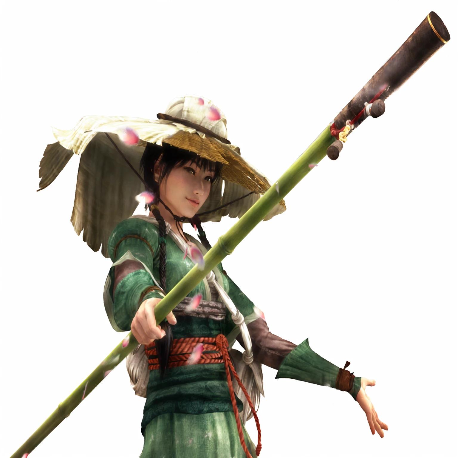 there is a woman in a green dress holding a bamboo stick, fox nobushi holding a naginata, inspired by Yoshihiko Wada, she is holding a long staff, inspired by Li Mei-shu, brandishing naginata haldberds, carrying a magical staff, jin kagetsu, wielding a spear, kunoichi, suki