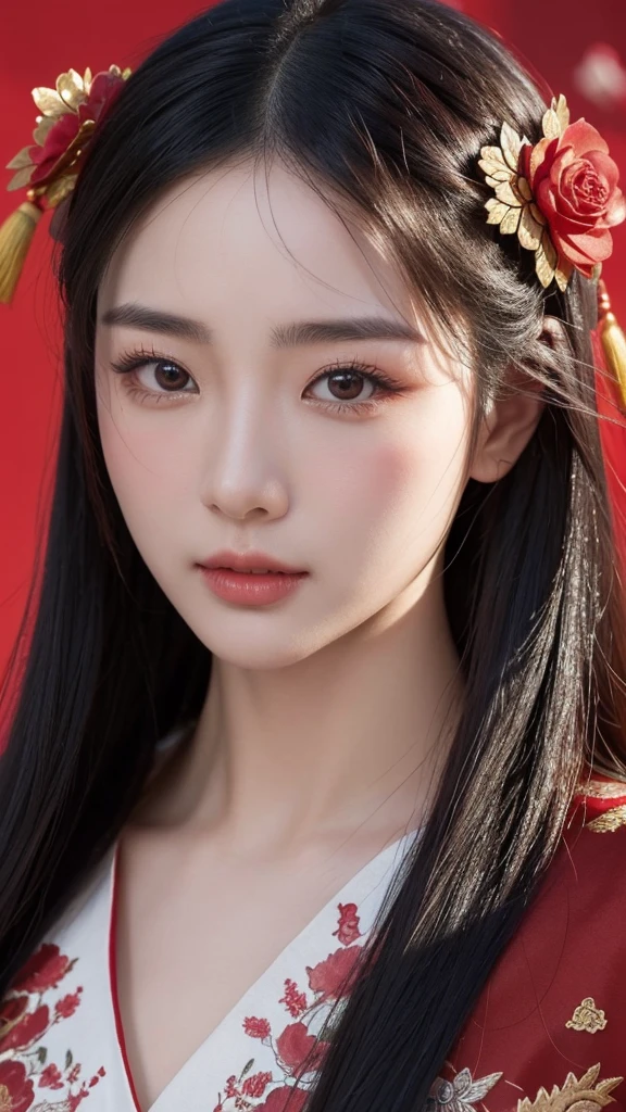 Chinese ancient style handsome girl,frontal close-up,facial close-up,black long hair,wearing ancient Chinese red wedding clothes,wedding clothes with patterns,red petals flying in the air,the background is a gorgeous wedding palace,delicate facial features,details painting,fantasy art,animation aesthetics, HD 8 --ar 9:16 --niji 5