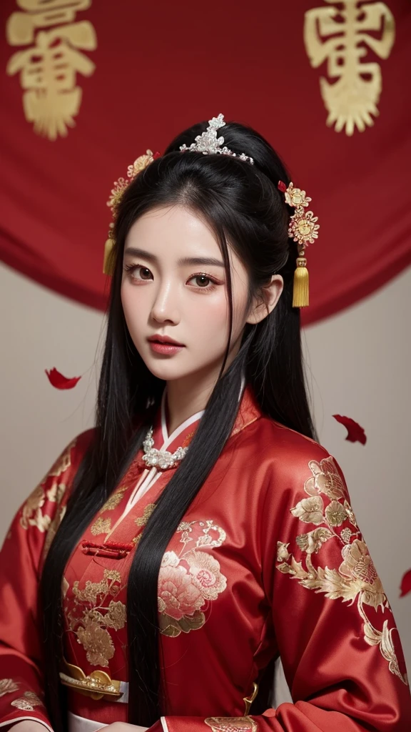 Chinese ancient style handsome girl,frontal close-up,facial close-up,black long hair,wearing ancient Chinese red wedding clothes,wedding clothes with patterns,red petals flying in the air,the background is a gorgeous wedding palace,delicate facial features,details painting,fantasy art,animation aesthetics, HD 8 --ar 9:16 --niji 5