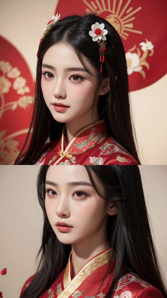 Chinese ancient style handsome girl,frontal close-up,facial close-up,black long hair,wearing ancient Chinese red wedding clothes,wedding clothes with patterns,red petals flying in the air,the background is a gorgeous wedding palace,delicate facial features,details painting,fantasy art,animation aesthetics, HD 8 --ar 9:16 --niji 5