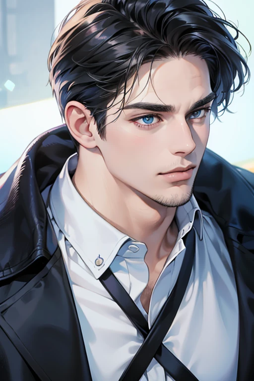(best quality,4k,8k,highres,masterpiece:1.2),ultra-detailed,(realistic,photorealistic,photo-realistic:1.37),30 year old man,3 day beard,handsome anime,portraits,strong,masculine,dark hair,sharp jawline,mesmerizing blue eyes,perfectly styled hair,cool anime outfit,confident expression,vibrant colors,dynamic lighting, (CEO).
