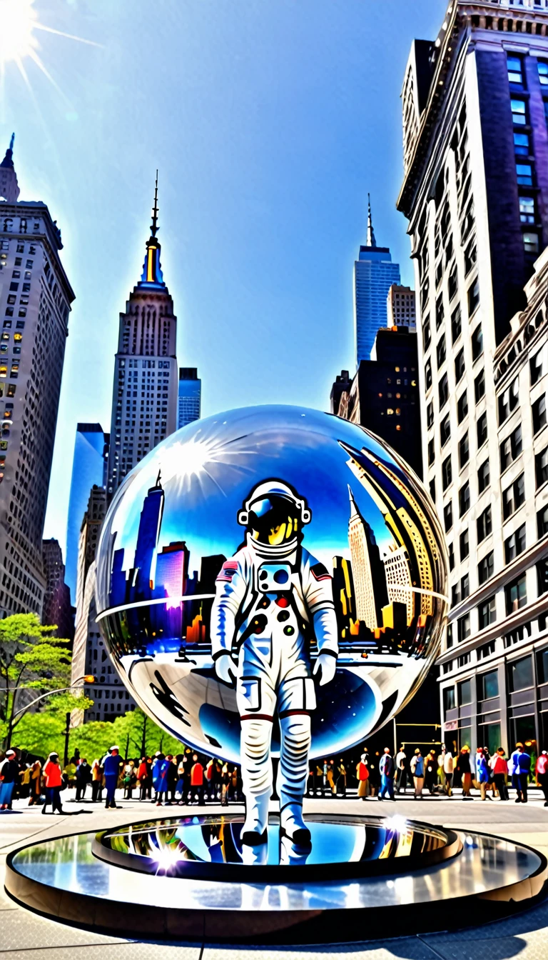 A giant astronaut wearing a mirrored helmet stands outside the glass hemisphere shell,See a miniature model of New York City encased in a glass dome on the ground below,Beautiful sparkling crystal hemisphere, Flying vehicles,Lenses, Scenes, amazing, thrilling, There's a magical feeling in the air, Magical Fantasy, Diffuse lighting