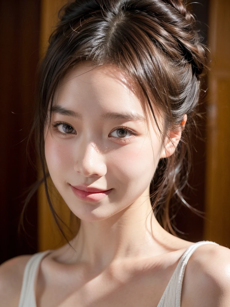 portrait, 1 girl, Half bun, Squinting, Smile, masterpiece, best quality, 8K, Edit photos, Felix Englund Style, Realistic skin texture