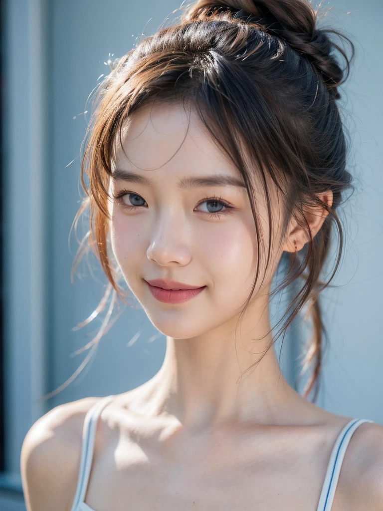 portrait, 1 girl, Half bun, Squinting, Smile, masterpiece, best quality, 8K, Edit photos, Felix Englund Style, Realistic skin texture